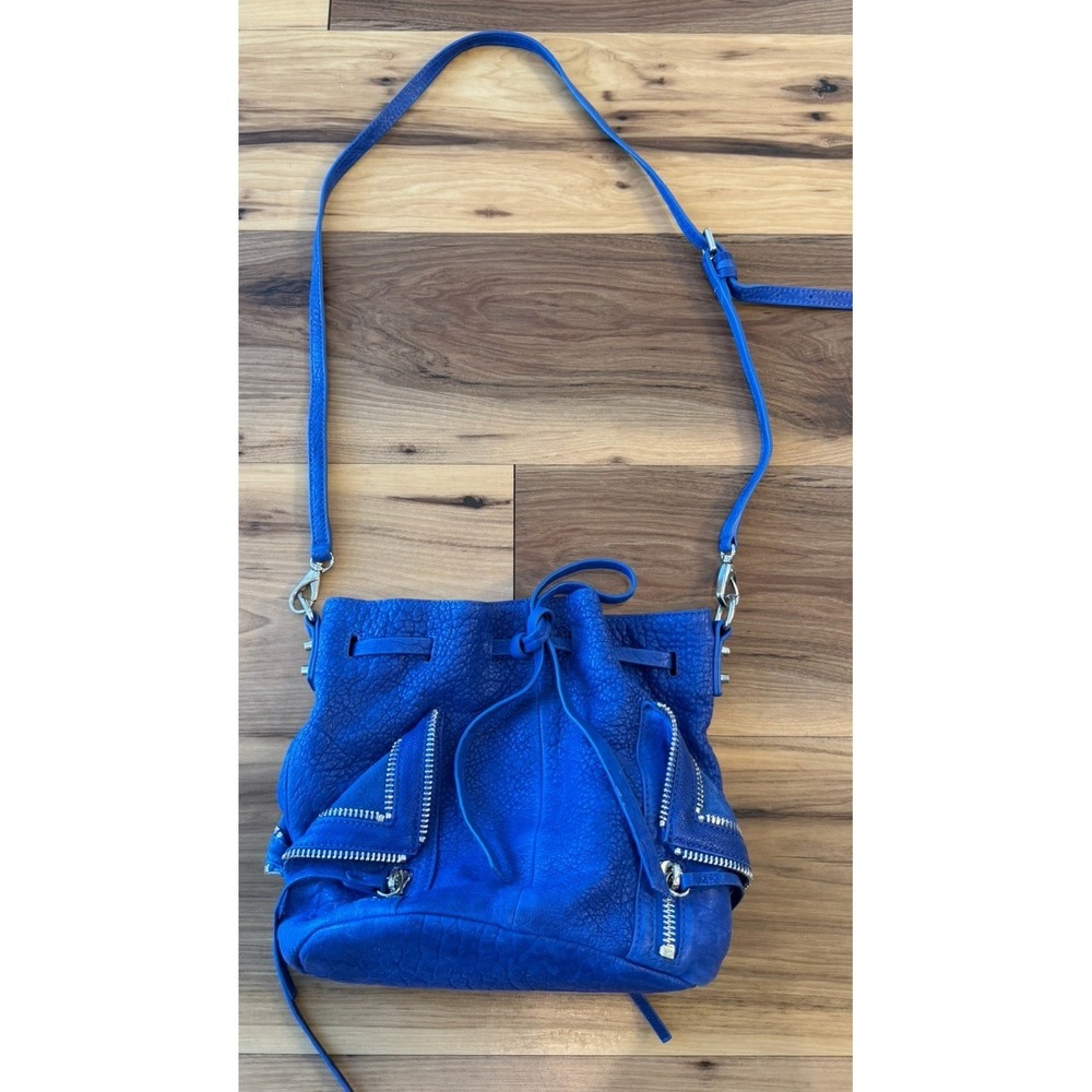 She + Lo Pebbled Cobalt Blue Leather Mini Bucket Crossbody Moto Zip Bag Boho